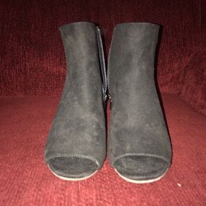 Black suede open toe ankle boots
